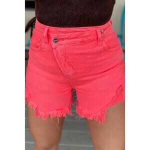 Risen Gabby Asymmetrical Distressed Shorts in Coral Pink